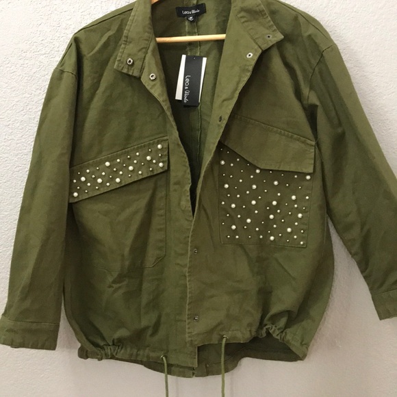 NWT $188 Army jean jacket with pearl accents - Picture 5 of 7